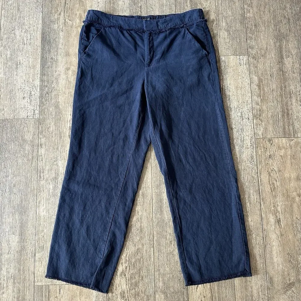 LOFT Size Small Navy Blue Linen Blend Mid Rise Frayed Hem Crop Ankle Pants 33x27 - Picture 1 of 10